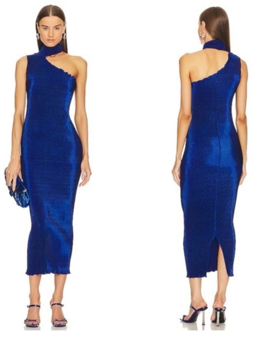 L’idee 90s One-Shoulder Sleeveless Halterneck Plisse Midi Dress Sz US 4 UK 8